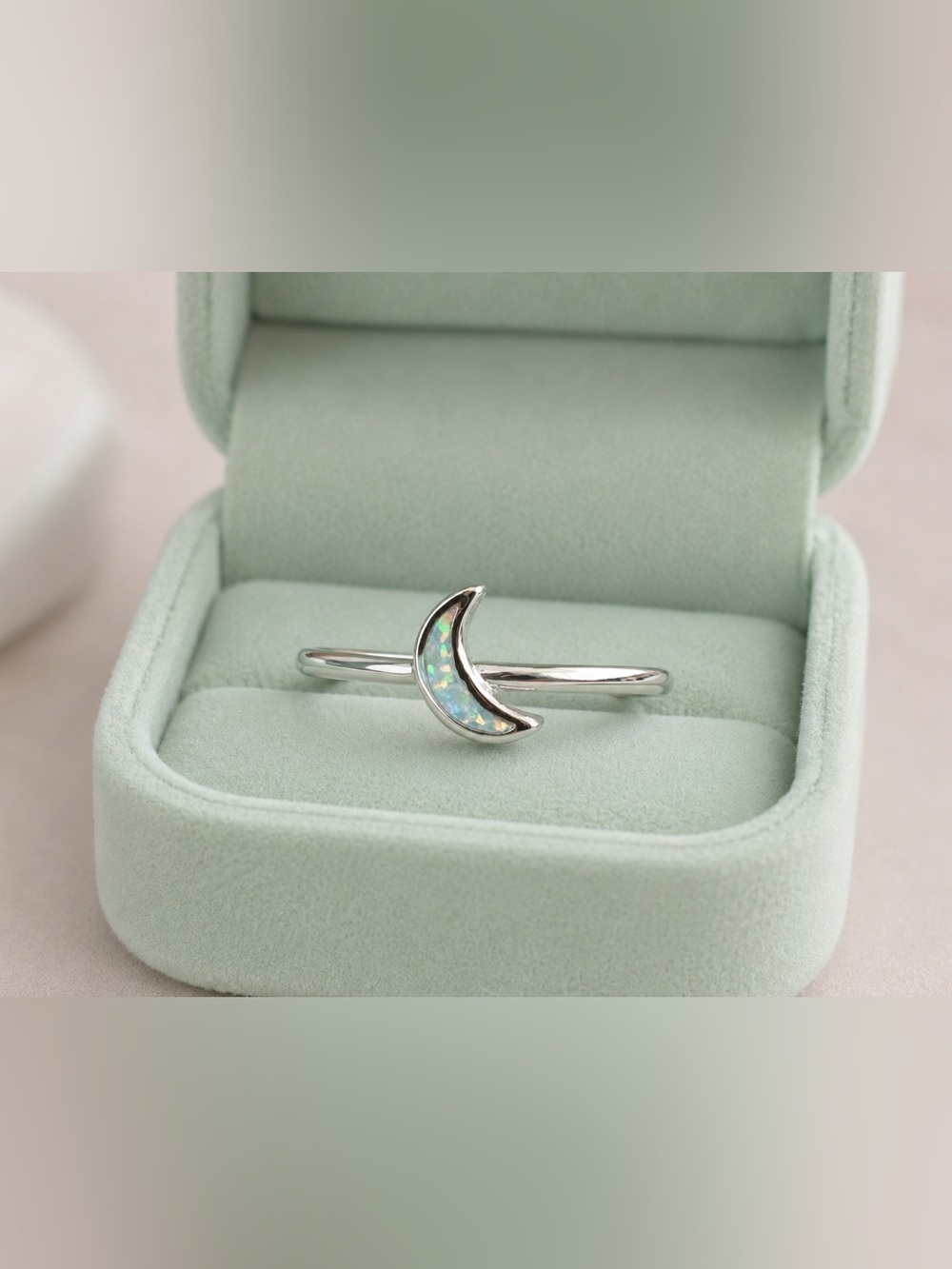 925 Sterling Silver Opal Crescent Moon Boho Ring sizes 5,8 Thin band.